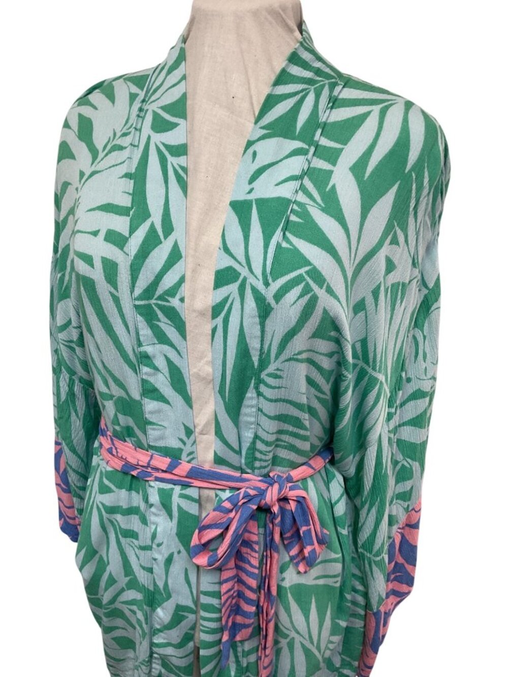 Billabong Palm Print Kimono Cardigan With Tie Belt & Pink Sleeve Detail - Picture 2 of 5